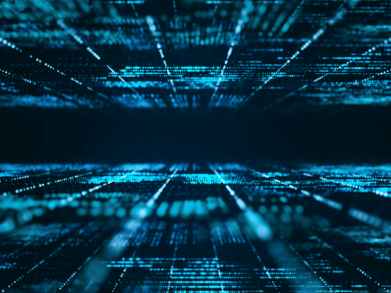 Visualização abstrata de dados digitais em tons de azul, representando fluxo de informações.