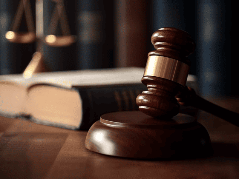 A foto mostra um malhete e um um livro jurídico. 