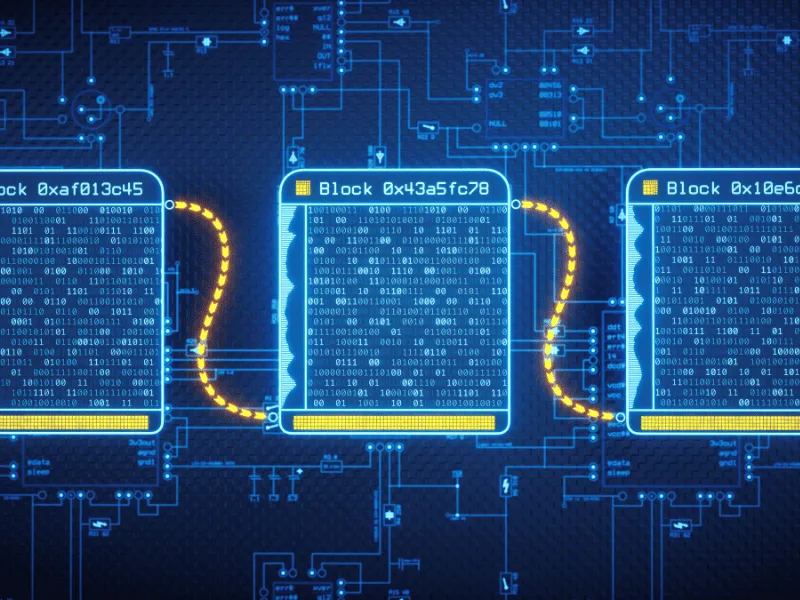 Representação gráfica de uma cadeia de blocos (blockchain) conectados por setas.