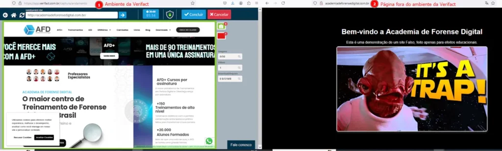 Comparativo do acesso pela Verifact e pelo navegador do desktop simultaneamente, demonstrando a eficácia da ferramenta em prevenir fraudes. 