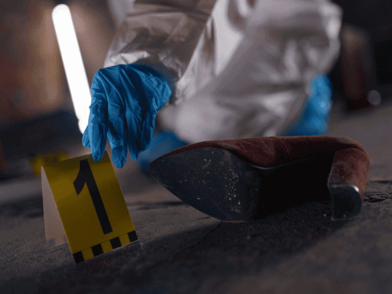 Perito forense coleta evidência em cena de crime, seguindo protocolo de preservação e cadeia de custódia.