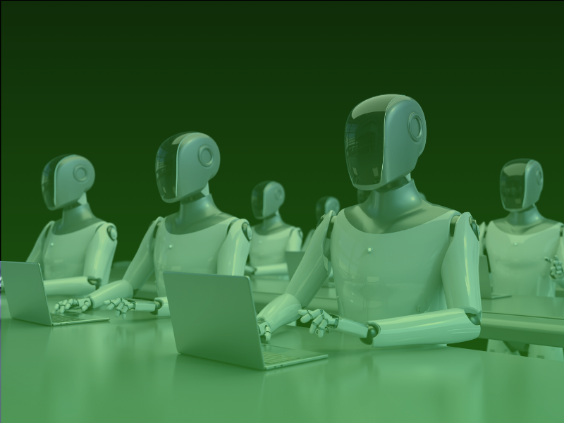 Fileira de robôs de inteligência artificial usando laptops, representando a produção de deepfake em escala